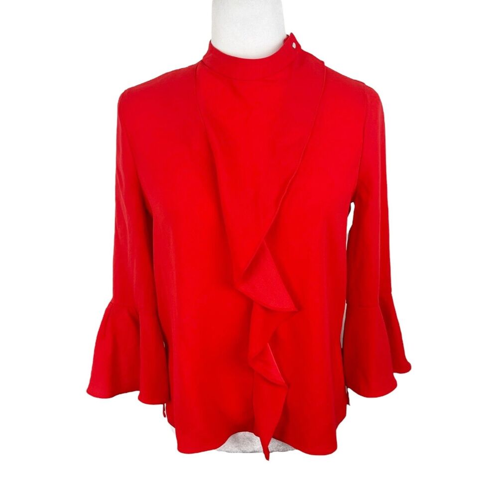 BCBG Max Azria Blouse Women XXS Red Ruffled Bell Long Sleeve Casual Top